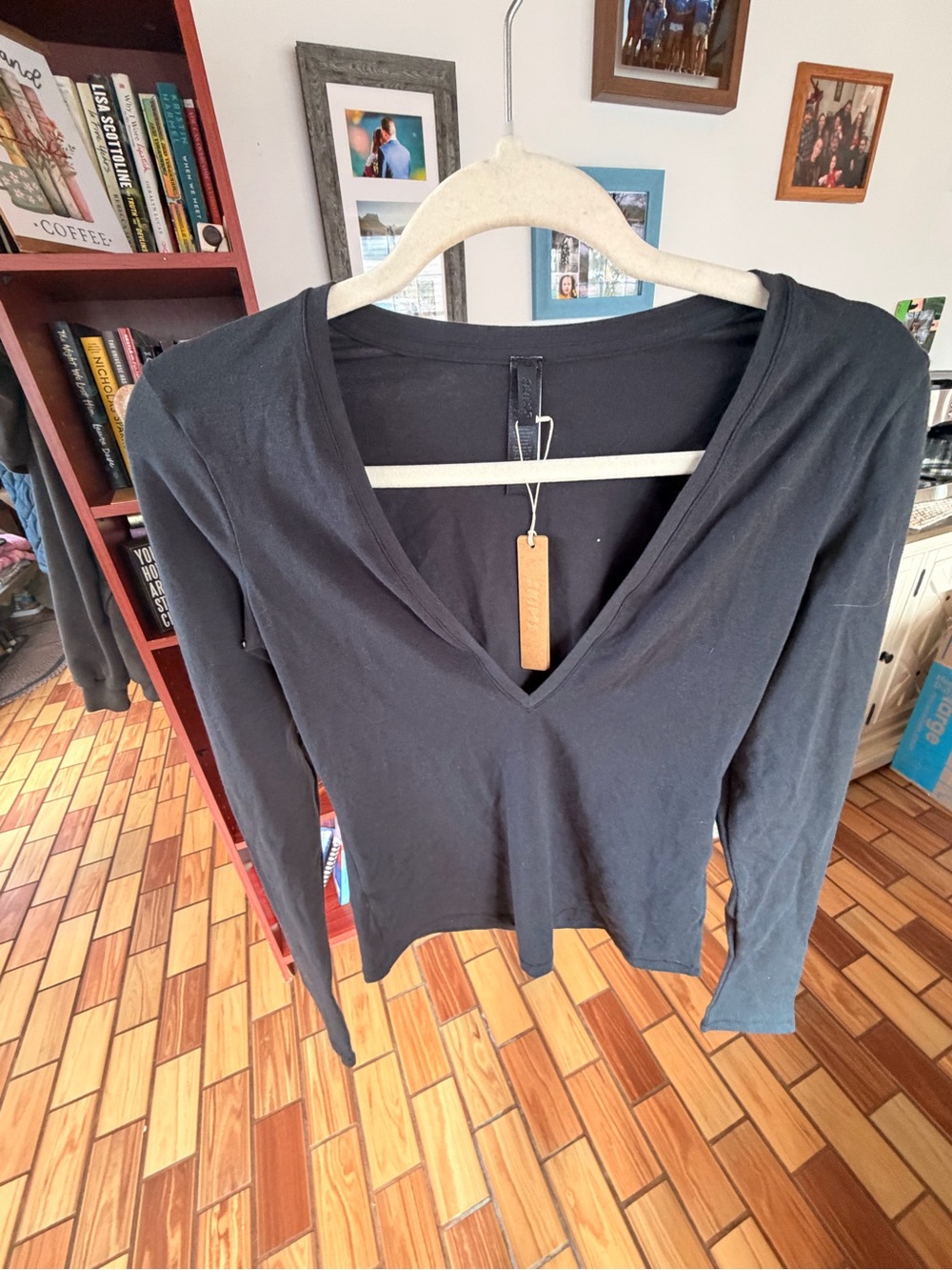 SKIMS Black Deep V-Neck Long Sleeve Top